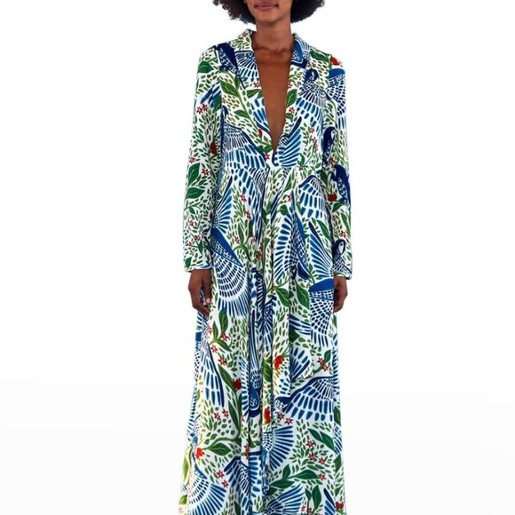 Farm Rio Macaw Flight Long Sleeve Tropical Birds Amazon Leaves Print Maxi Dress